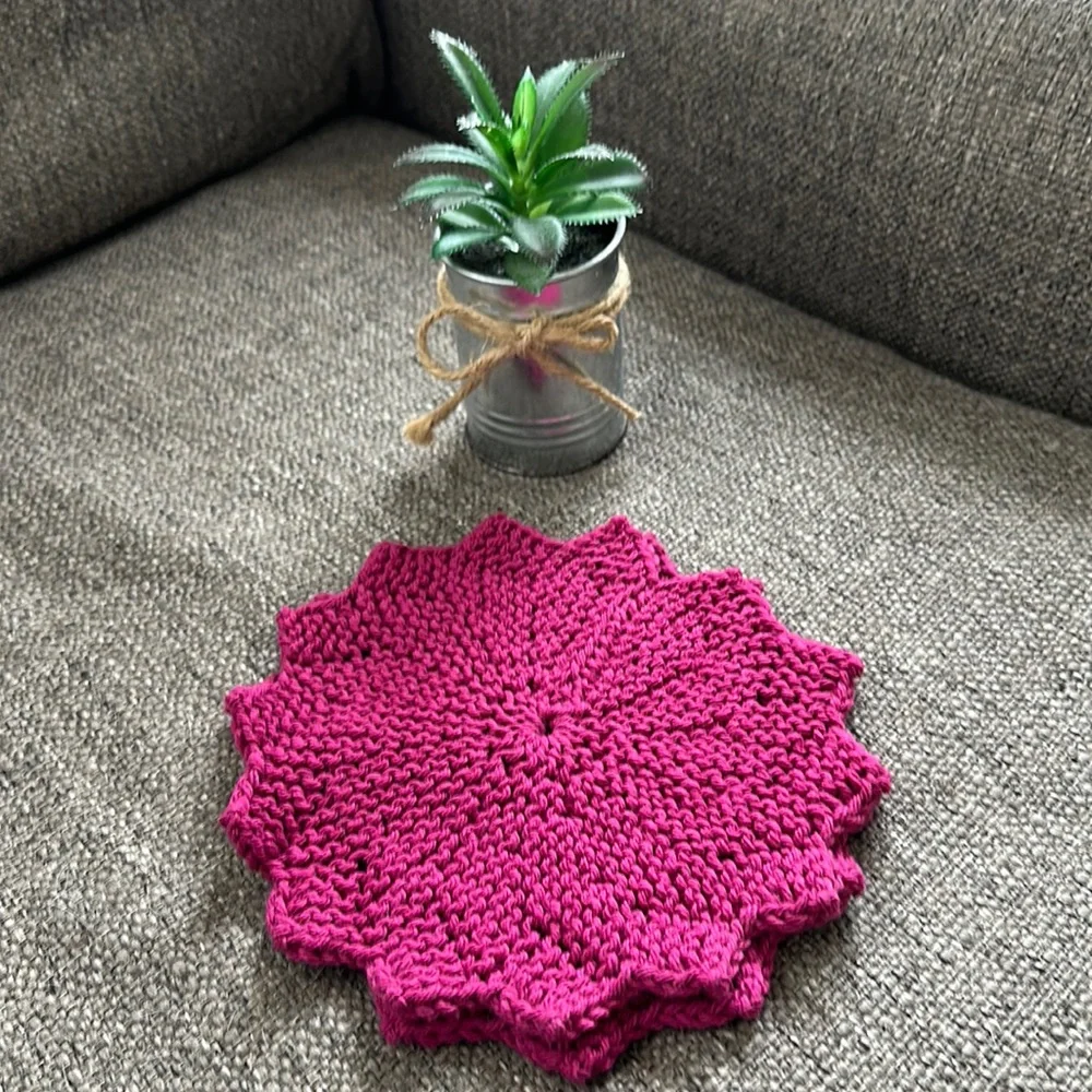 Set of Two 100% Cotton Hand Knitted Magenta Star Dishcloth Granny Cottage Core